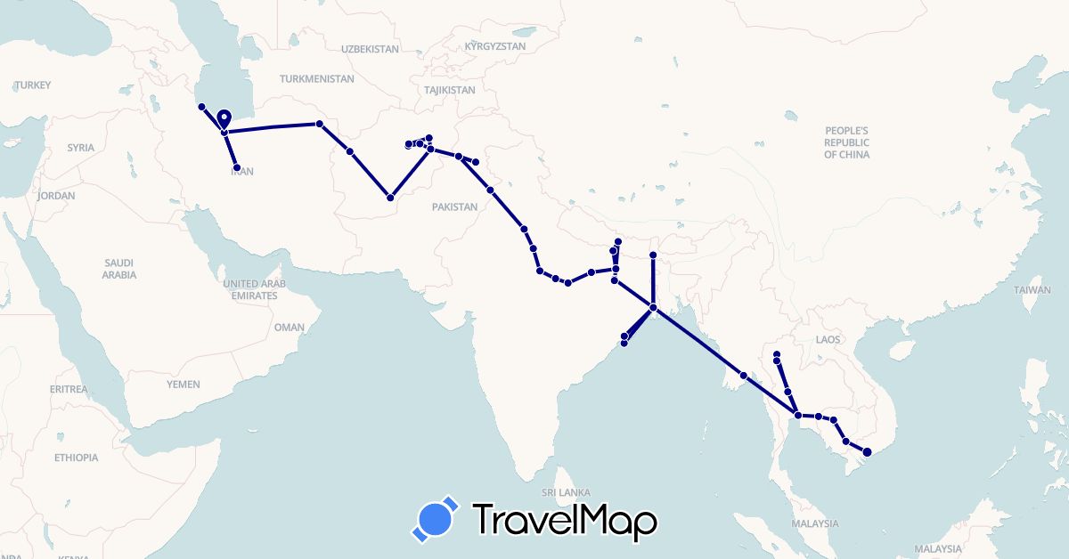 TravelMap itinerary: driving in Afghanistan, India, Iran, Cambodia, Myanmar (Burma), Nepal, Pakistan, Thailand, Vietnam (Asia)